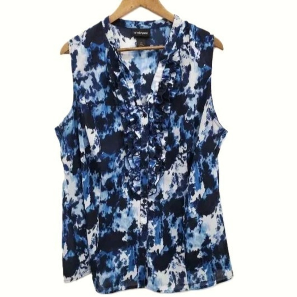 Lane Bryant Blue Ruffle Sleeveless Blouse 22 Abstract Cloud Print Button Top
